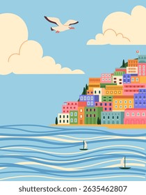 Summer vacation. Scenic seascape. Seashore town. Ocean water waves. Flying seagull in sky clouds. Yacht cruise travel. Seaside resort. Buildings in lagoon. Nature scenery. Vector coastline panorama