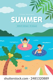 Summer vacation schedule information poster, beach, coconut tree, kids playing in the water, beach plants, poster flyer design, cloud and sand beach background, EPS 10 vector illustration