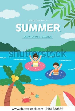 Summer vacation schedule information poster, beach, coconut tree, kids playing in the water, beach plants, poster flyer design, cloud and sand beach background, EPS 10 vector illustration