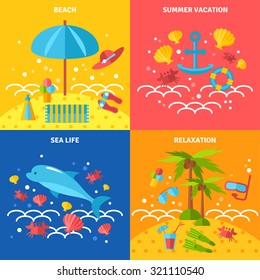 Summer vacation and sea adventure icons set with  beach rest flat isolated vector illustration. Sun umbrella, anchor, Sea life, dolphin, snorkeling and diving. Vector illustration.