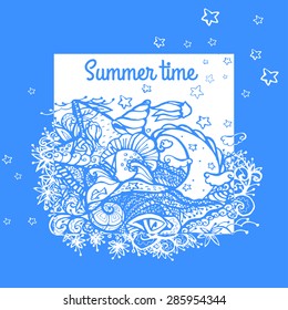 Summer vacation. Sea, beach, boat, exotic plants, shells and fish. Vector illustration for album cover.