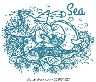 Summer vacation. Sea, beach, boat, exotic plants, shells and fish. Vector illustration.
