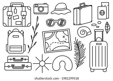 Summer vacation at the sea. Beach stuff. Collection of things for the vacation. Vector line icon. Editable stroke. Doodle style