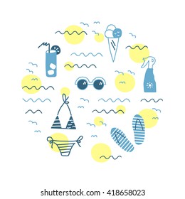 Summer vacation at sea concept. Cute hand drawn summer striped set of elements.  Vector flat illustration