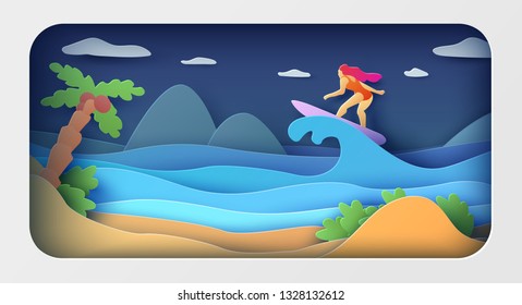 Summer vacation at sea girl surfing. Paper cut.Beautiful vector illustration
