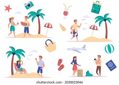 Sommerurlaub auf See isolierte Elemente Set. Viele Leute ruhen am Strand, essen Wassermelonen oder Eis, trinken Cocktails, sonnen sich. Creator-Kit für Vektorgrafik in flachem Cartodesign