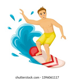 Summer vacation at sea and ocean, surfing on waves. Young man character rides a surfboard on the water. Concept active recreation, recreational beach water sport. Vector illustration cartoon style.