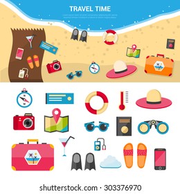 Summer vacation and sea resort travel concept with flat icons set isolated vector illustration