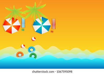 summer vacation sea scape in holiday, to be freshness and happiness, two umbrella, chairs and ball on beach,  vacation hot season , vector art and illustration.