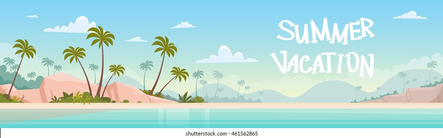 Summer Vacation Sea Shore Sand Beach Blue Sky Sun Vector Illustration