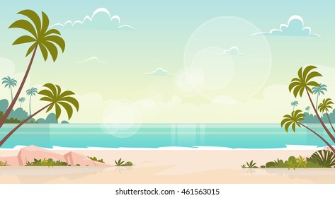 Summer Vacation Sea Shore Sand Beach Blue Sky Sun Vector Illustration