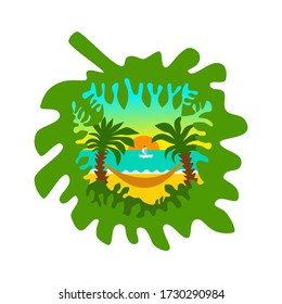 Summer vacation at the sea under palm trees. Palm leaf. Vector illustration.