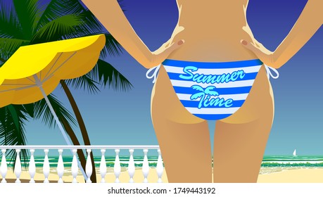 Summer vacation at the sea. Young woman relaxing on the beach. Vector image.
