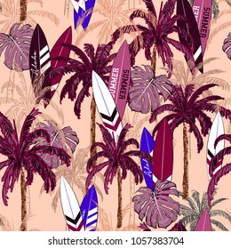  Summer vacation seamless hand drawing tropical pattern  with palm tree ,Sea summer seamless with palm trees, islands leaves and surfboards on  light pink background.
