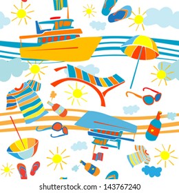 Summer vacation seamless pattern with barge and beach objects over waves