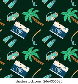 Summer vacation seamless pattern with beach elements and accessories. Can used for print for textile, wallpaper, backdrops.