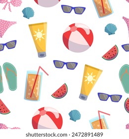 Summer vacation seamless pattern. Beach objects, clothes, fruits. Swimsuit, sunglasses, flip-flops, watermelon, sunscreen, cocktail. Vector isolated on white background. 