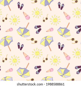 Summer vacation seamless pattern with flip flops, beach umbrella, ice cream and sunglasses. Endless texture for your summer holiday. Vector illustration in cartoon style with stroke