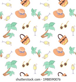 Summer vacation seamless pattern with hat, sunglasses, cocktail, palm tree and beach bag. Endless texture for your summer holiday. Vector illustration in cartoon style with stroke