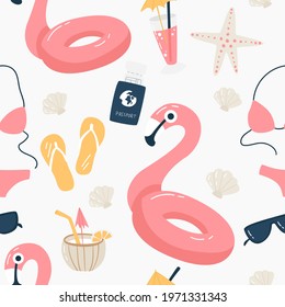 Summer vacation seamless pattern. Resort concept. Travel set with coconut cocktail, swimsuit,  sunglasses, lifebuoy, passport etc. Summer background