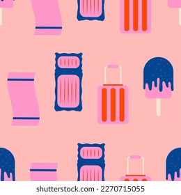 Summer vacation seamless pattern in retro style color Summer travel and water activities sea vacation with suitcase, ice cream, beach mat and swimming mat