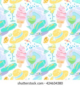 Summer vacation seamless pattern. Rich pastel colors. Design for wrapping paper, textile, fabric, web backgrounds, travel advertisement. Vector seamless illustration backdrop.
