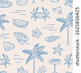 Summer vacation seamless pattern. Sketch drawing. Coastal sea simple print. Hand drawn palm tree, flower, crab, shell, watermelon cocktail. Marine beach background. Vector illustration.