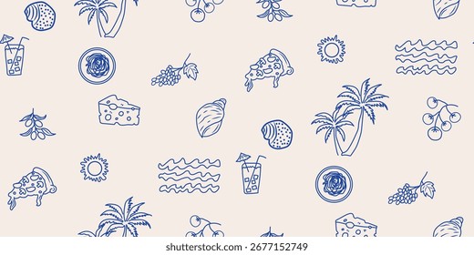 Summer vacation seamless pattern. Sketch drawing. Coastal sea simple print. Hand drawn palm tree, flower, crab, shell, watermelon cocktail, more. Marine beach background. Vector illustration.