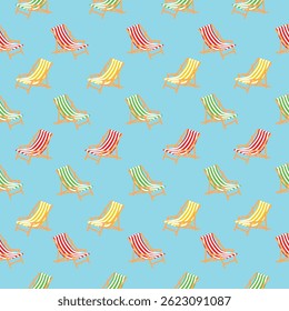 Patrón de vacaciones de verano sin fisuras con silla de playa a rayas. Colores verde, amarillo, rojo sobre azul. Fondo colorido o textura para imprimir en tela y papel. Diseño de Vector para textiles, Fondo de pantalla.