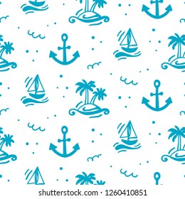 Summer vacation seamless pattern. Travel vector illustration. Black and white doodle style. Creative scandinavian background. 