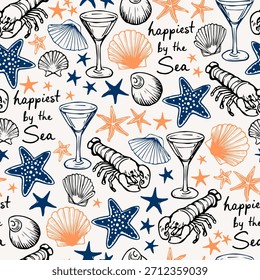 Sommerurlaub nahtloses Muster. Weingläser und Sea Food Sketch handgezeichnete Wallpaper Design. Hummer, Clam, Starfish Line Art Vektorgrafik. Sommer Party Kontur Zeichnung Doodles Stil