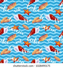 Summer vacation seamless patterns. Take me to the ocean freehand lettering and seashells at repeatable background with abstract waves. Tropical paradise motif. Vector illustration.