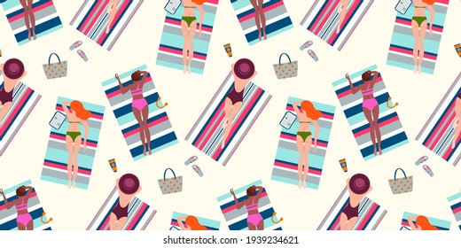 Summer vacation seaside background seamless pattern. Hand drawn, relaxed beautiful people, swimmer on the beach. girls lying on sand, top view vector
