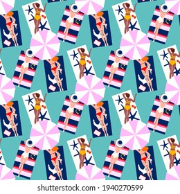 Summer vacation seaside background seamless pattern. Hand drawn, relaxed beautiful people on the beach. Sexy girls lying on sand, top view vector
