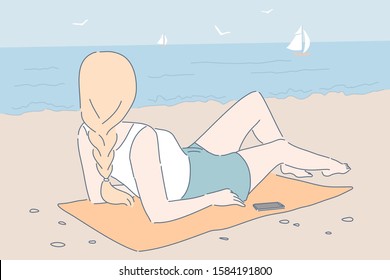 Summer vacation, seaside recreation summertime relax concept. Beautiful girl enjoying solitude, watching seascape with sailboats and seagulls. Young lady sunbathing on sand. Simple flat vector