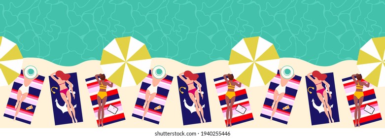 Summer vacation seaside sunbathing banner  background seamless pattern. Hand drawn, relaxed beautiful people on the beach. Sexy girls lying on sand, top view vector