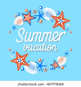 Summer Vacation Seaside Trip Sea Shell Tropical Poster Flat Vector Illustration