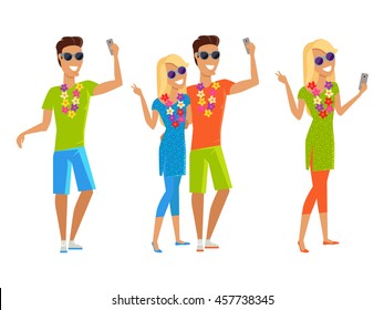 Summer vacation selfie concept. Honeymoon in exotic countries vector illustration. Peoples with a necklace of flowers take pictures on journey. Flat style design. Isolated on white.
