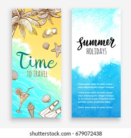 Summer vacation. Set of banner templates. Hand drawn vector illustrations. Retro style.