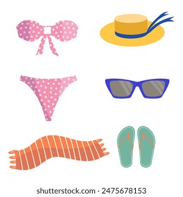 Summer vacation set. Beach clothes, swimsuit, sunglasses, flip-flops, hat, towel. Vector isolated on white background. 