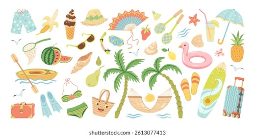 Summer vacation set. Colorful cartoon set of summer beach and travel elements, fruits, suitcase, summer sports, palm tree, tropical sea, hammock. Flat vector illustration for stickers, cards, banners.