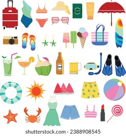 Summer vacation set colorful flat vector. For travel concept, background, postcard, greeting card. Happy summer