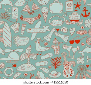 Summer vacation set doodle elements, seamless pattern. Travel drawing drawing. Vacation design vector illustration. 