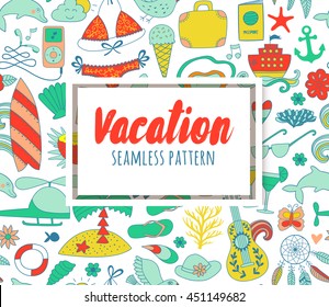 Summer vacation set doodle elements, seamless pattern. Travel drawing, vacation design vector illustration. 