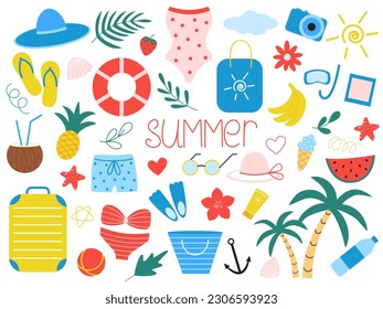 Summer vacation set of elements. Cute attributes of summer beach holiday. Collection palm tree, fruits, bathing and leisure items, hand drawn isolated vector illustration