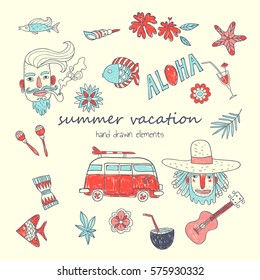 Summer vacation. Set of hand drawn elements. Collection of vector illustrations can be used for design of invitation, postcard or for creating cute textures