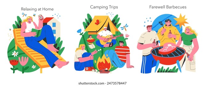 Summer Vacation set. Home relaxation, outdoor camping, and social BBQ scenes. End-of-summer activities and leisure moments. Vector illustration.