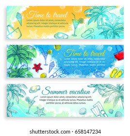 Summer vacation. Set of horizontal banner templates. Website header images. Hand drawn vector illustrations. Retro style.