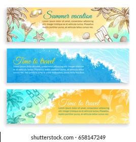 Summer vacation. Set of horizontal banner templates. Website header images. Hand drawn vector illustrations. Retro style.