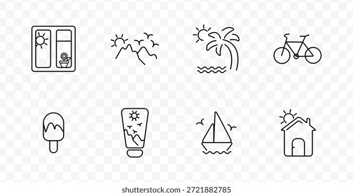 Ícone do conjunto de férias de verão. Ícones de linha mostrando janela com sol, montanha com pássaros, praia com sol e palma, bicicleta, picolé, protetor solar, veleiro, casa com sol